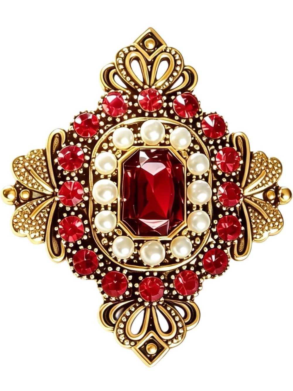 Anthropologie Gold-Tone Brooch with Red Crystals and Pearl Accents - Picture 5 of 5